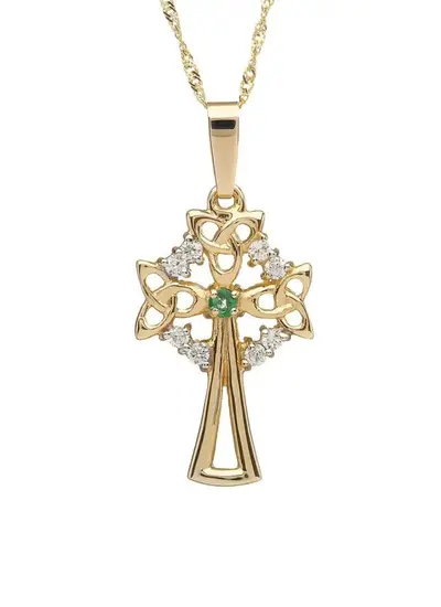 10ct Gold Celtic Cross Emerald Diamond Pendant